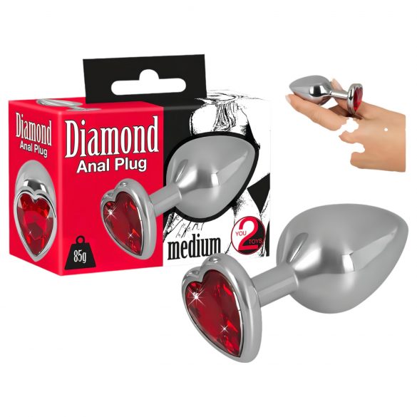 You2Toys - Diamond - 85g aluminium anal plug (zilver-rood)