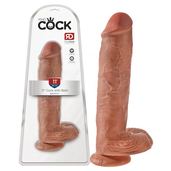 King Cock 11 - zuignap dildo met testes (28cm) - donker natuur