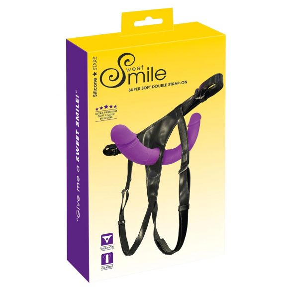 SMILE - Paars-zwarte dubbele strap-on dildo met slipje