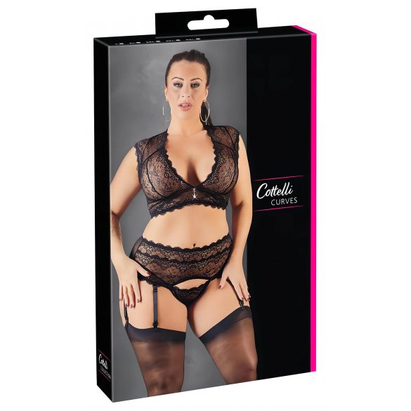 Cottelli Plus Size - Glinsterende kanten lingerie set (zwart)