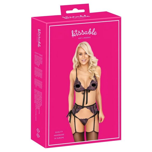 Kissable - Zwart set met roze-lila geborduurd bh.