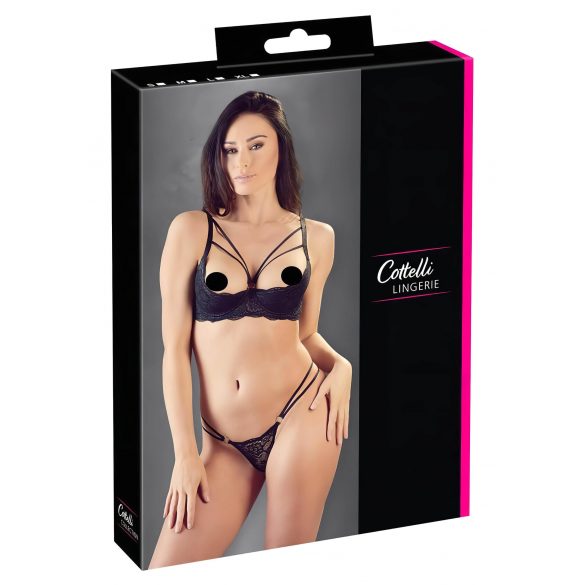 Cottelli - Sexy zwarte beha met bandjes en ringdetails en string - 75C/S