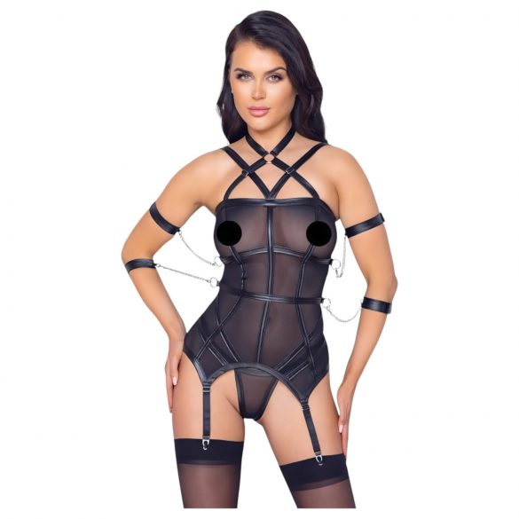 Cottelli Bondage - Zwarte top met banden en polsboeien + string - M