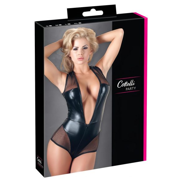 Cottelli - glanzend net bodysuit (zwart)