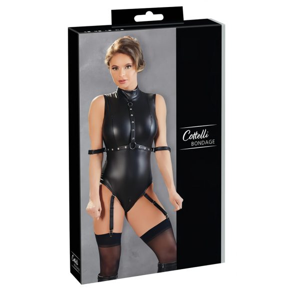 Cottelli Bondage - mouwloze glanzende body met handboeien (zwart)