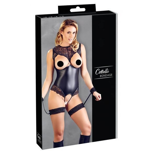 Cottelli Bondage - glanzend open body met polsbanden (zwart)