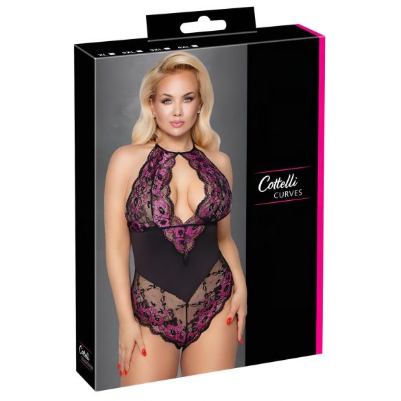 Cottelli Plus Size - Bloemenbody (zwart-paars)