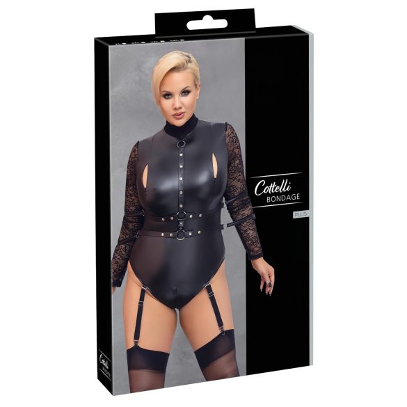 Cottelli Bondage Plus Size - Bodysuit met Kantmouwen (zwart) - 2XL