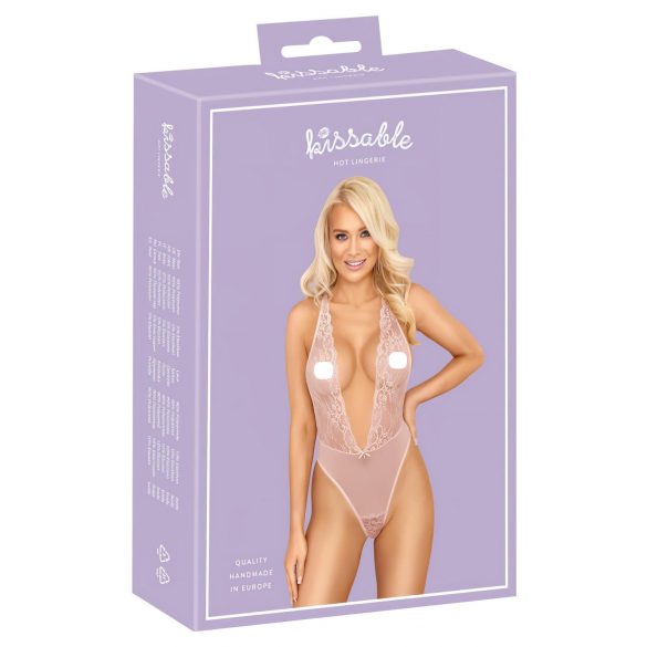 Kissable - Diep uitgesneden kanten body (roze) - L/XL