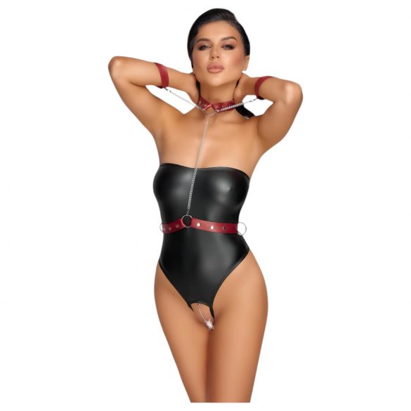 Cottelli Bondage - glanzend zwart-rood body met armfixatie - M