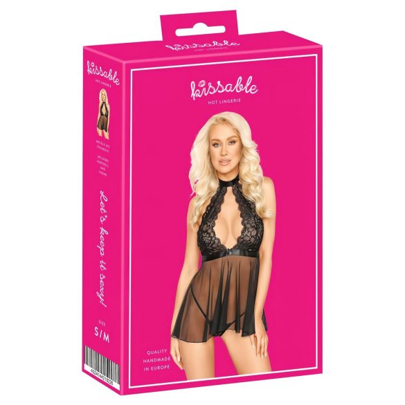 Kusbare halter babydoll van kant (zwart)