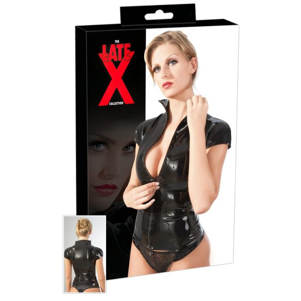 LATEX - Zwart kort mouw top met rits voor dames - L