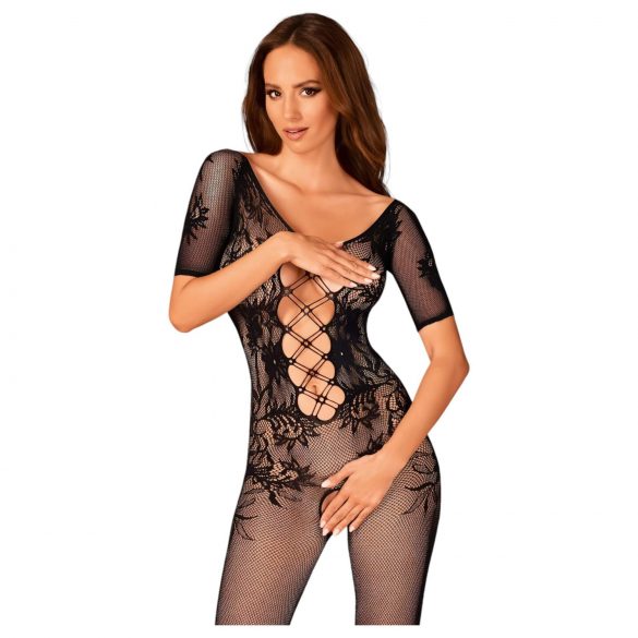 Obsessive - Open rug fishnet catsuit (zwart) (S-L)