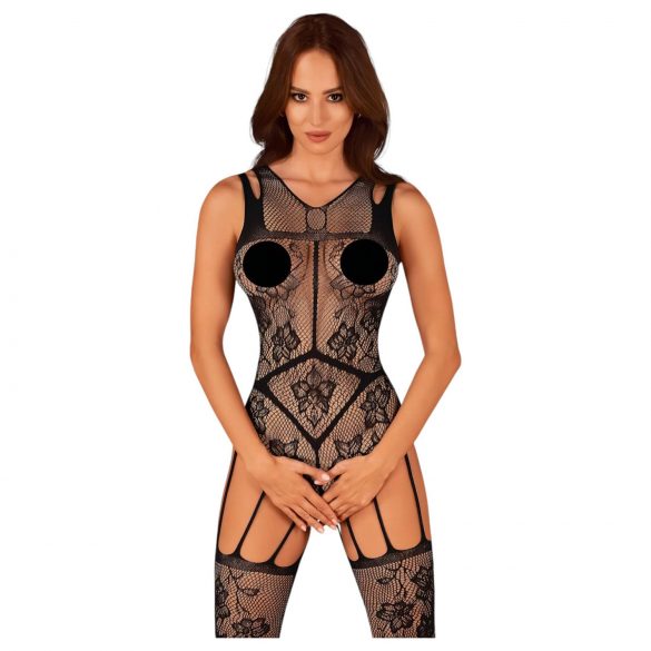 Obsessive - Bloemenprint open net catsuit (zwart) (S-L)